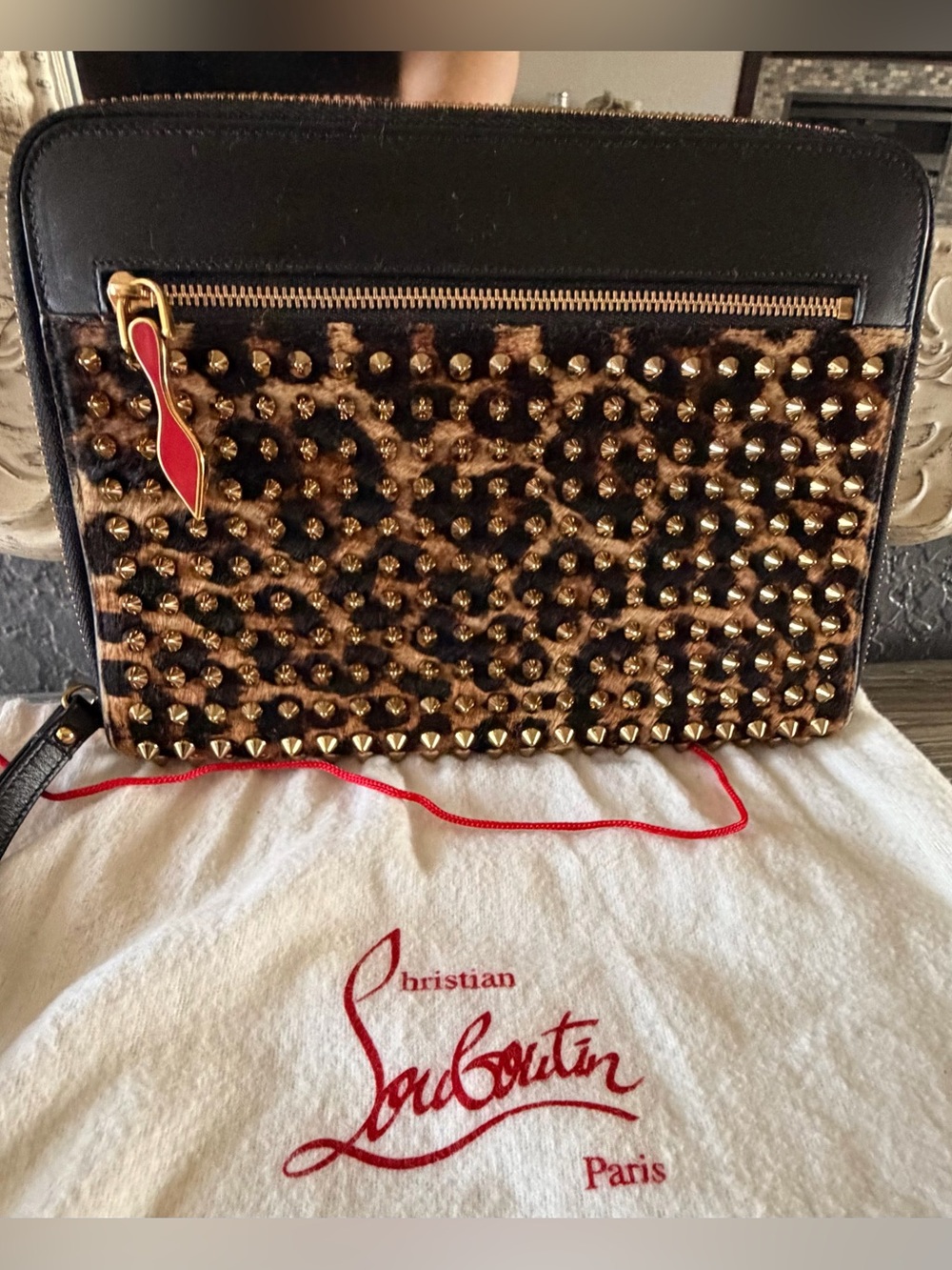 Christian Louboutin Leopard Calf Hair Clutch Gold-Tone Studs Bag iPad/Tablet